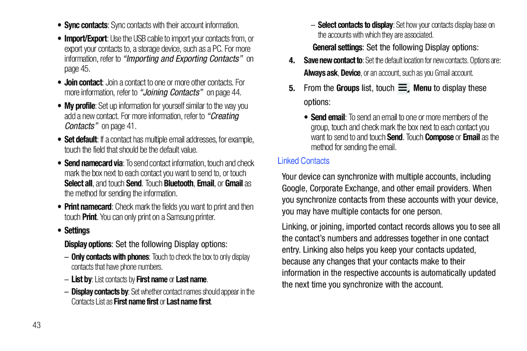 Samsung GT-P7510 user manual Settings, From the Groups list, touch Menu to display these options, Linked Contacts 