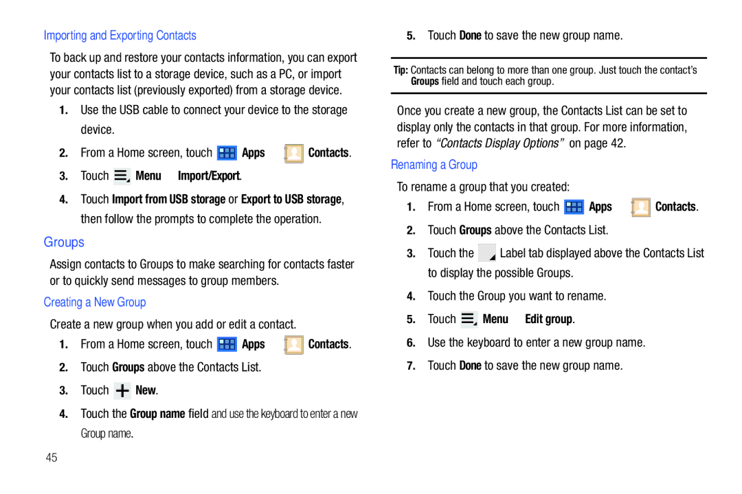 Samsung GT-P7510 user manual Groups, Importing and Exporting Contacts, Creating a New Group, Renaming a Group 