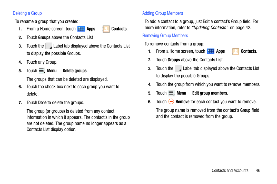 Samsung GT-P7510 user manual Deleting a Group, Adding Group Members, Removing Group Members 