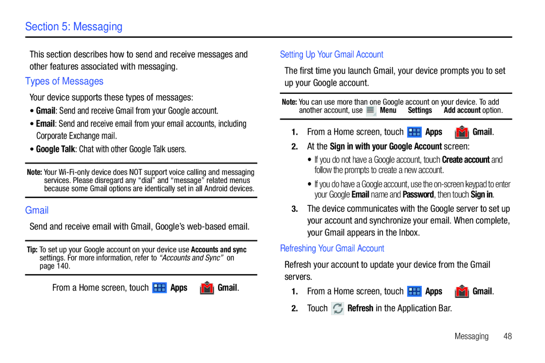 Samsung GT-P7510 user manual Messaging, Types of Messages, Setting Up Your Gmail Account, Refreshing Your Gmail Account 