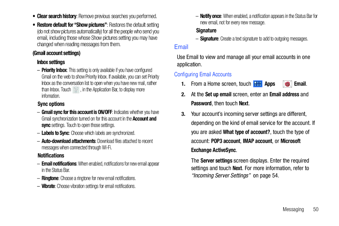 Samsung GT-P7510 Gmail account settings Inbox settings, Sync options, Notifications, Signature, Configuring Email Accounts 