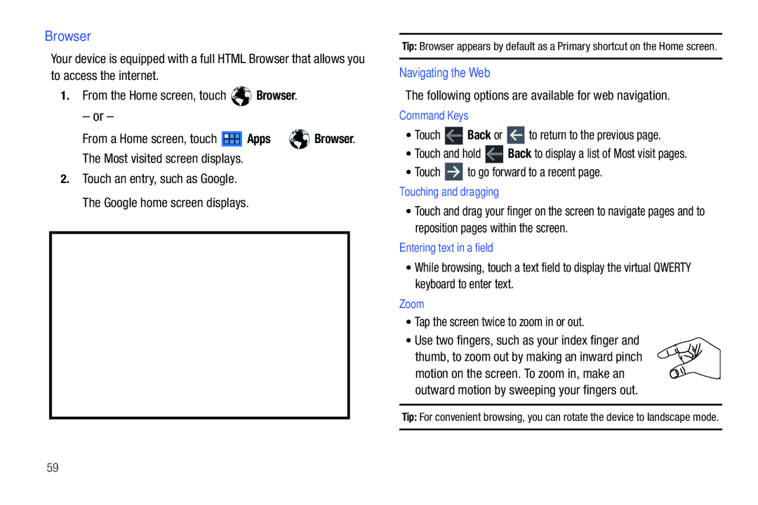 Samsung GT-P7510 user manual Browser, Navigating the Web, Following options are available for web navigation 