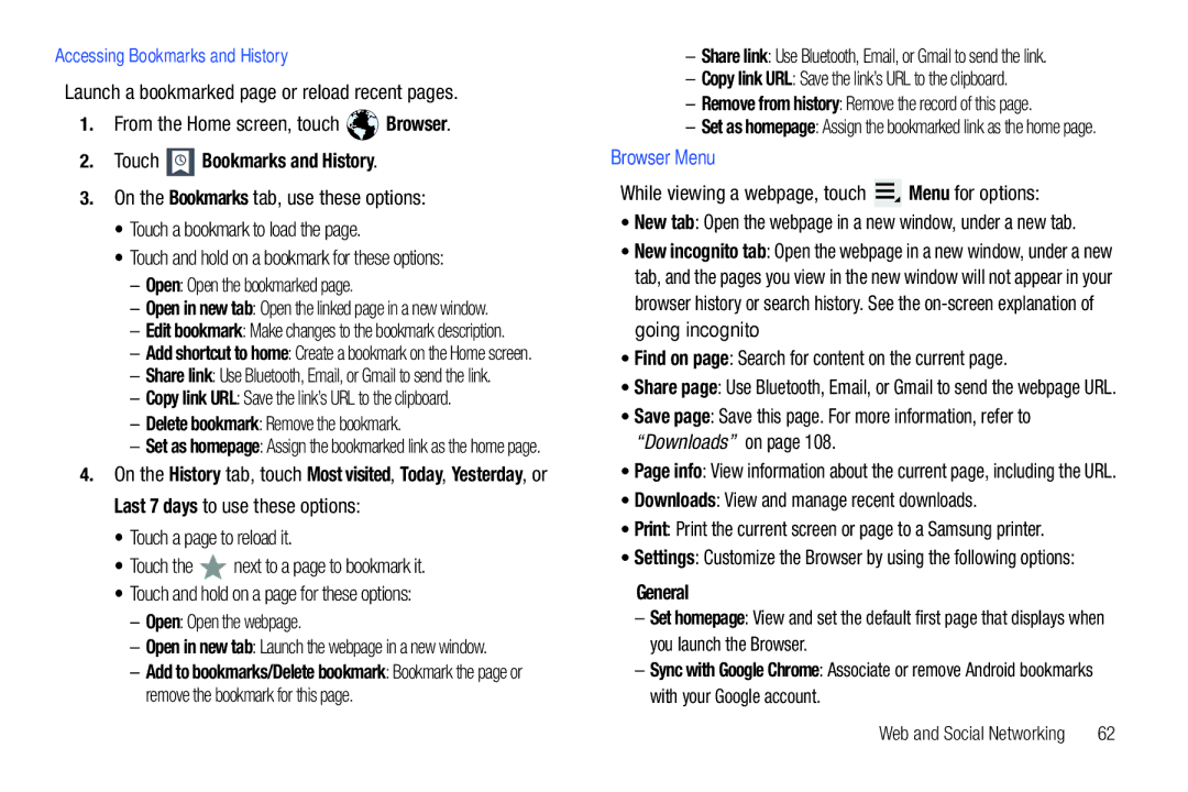 Samsung GT-P7510 user manual Touch Bookmarks and History, Browser Menu, General 