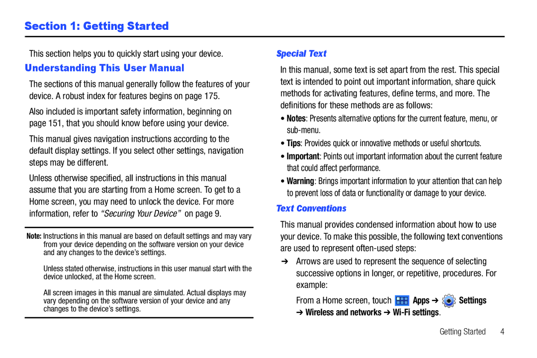 Samsung GT-P7510 user manual Getting Started, This section helps you to quickly start using your device, Special Text 