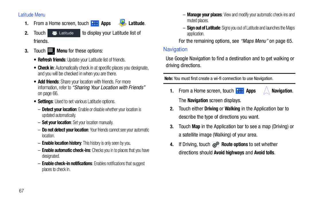 Samsung GT-P7510 user manual Navigation, Latitude Menu, Settings Used to set various Latitude options 