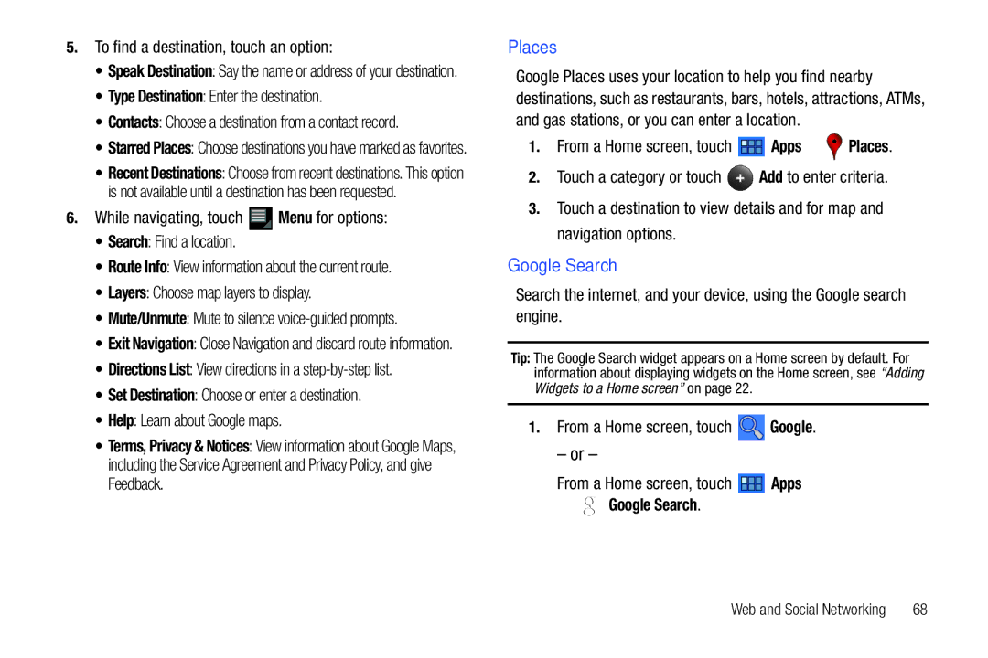 Samsung GT-P7510 user manual Places, Google Search 