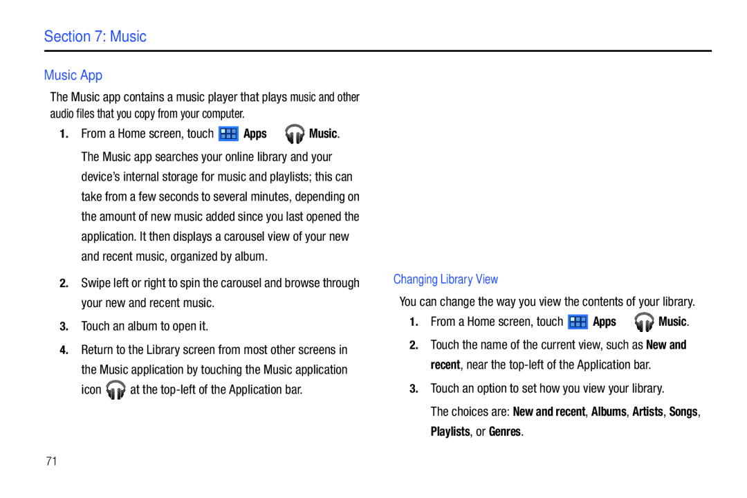 Samsung GT-P7510 user manual Music App, Changing Library View 