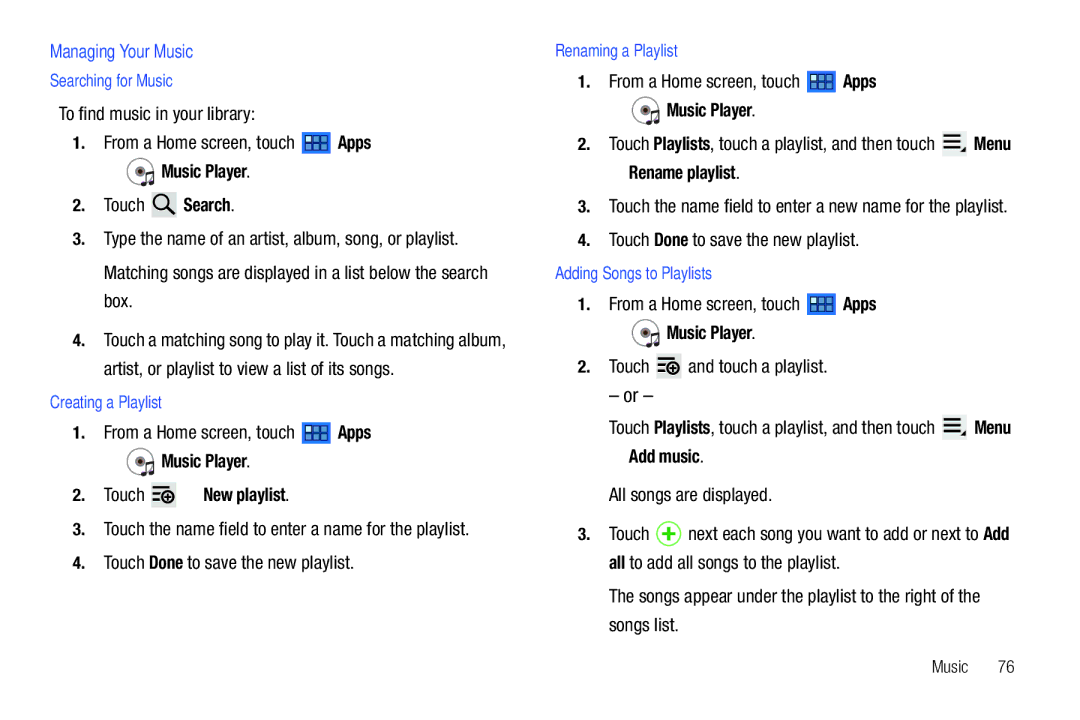 Samsung GT-P7510 user manual Managing Your Music, Music Player Touch New playlist, Rename playlist, Add music 