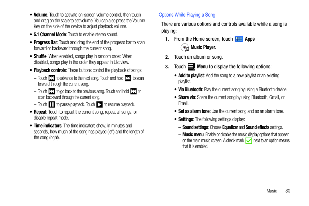 Samsung GT-P7510 user manual Options While Playing a Song, Channel Mode Touch to enable stereo sound 