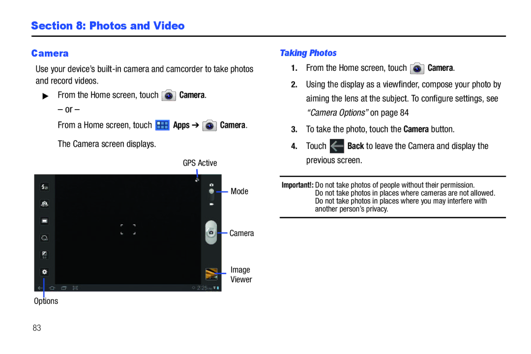 Samsung GT-P7510 user manual Photos and Video, Camera screen displays, Taking Photos 
