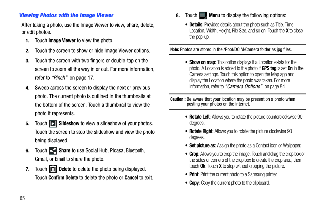 Samsung GT-P7510 Viewing Photos with the Image Viewer, Being displayed, Copy Copy the current photo to the clipboard 