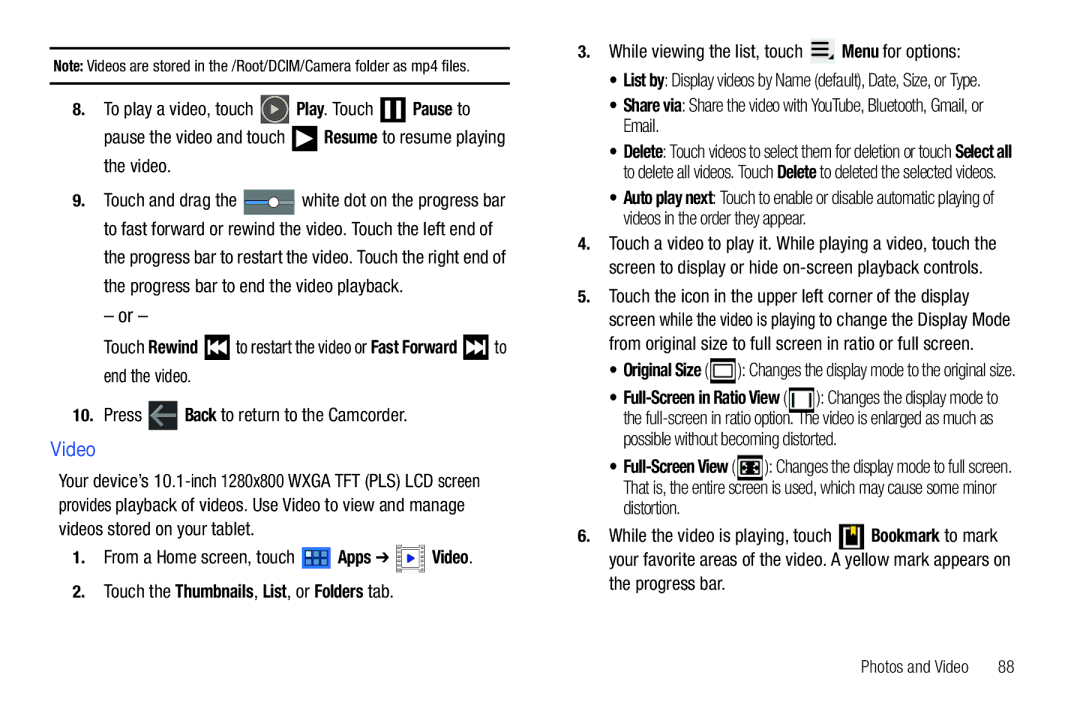 Samsung GT-P7510 Video, Touch the Thumbnails, List, or Folders tab, While viewing the list, touch Menu for options 