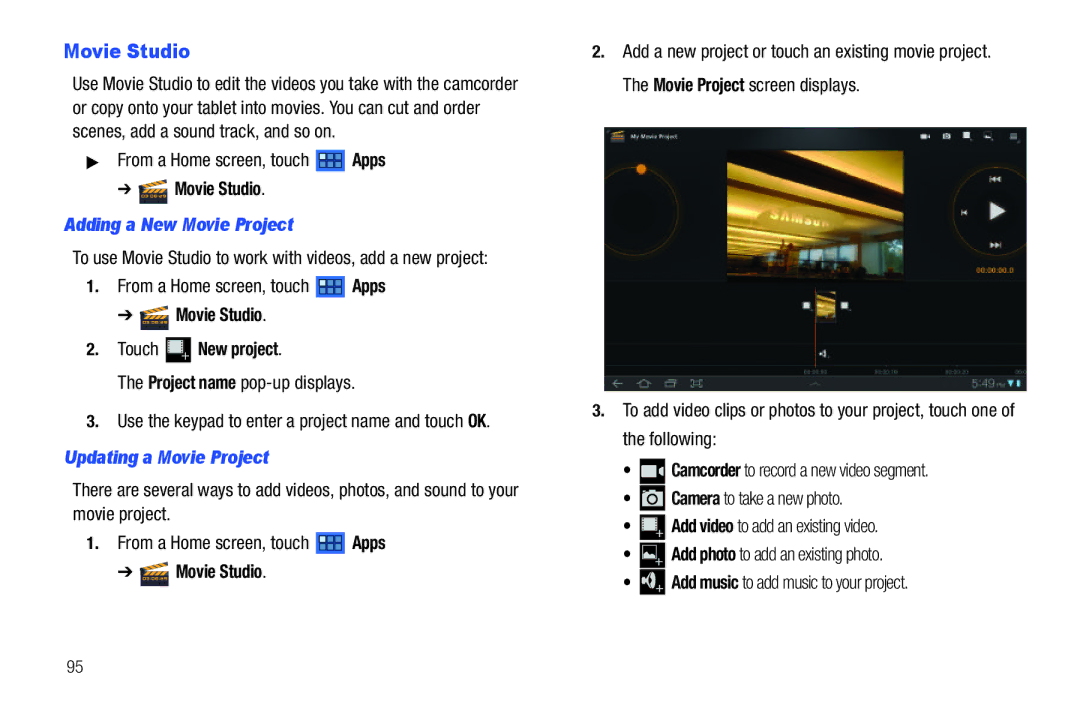 Samsung GT-P7510 user manual Adding a New Movie Project, Movie Studio Touch New project, Updating a Movie Project 