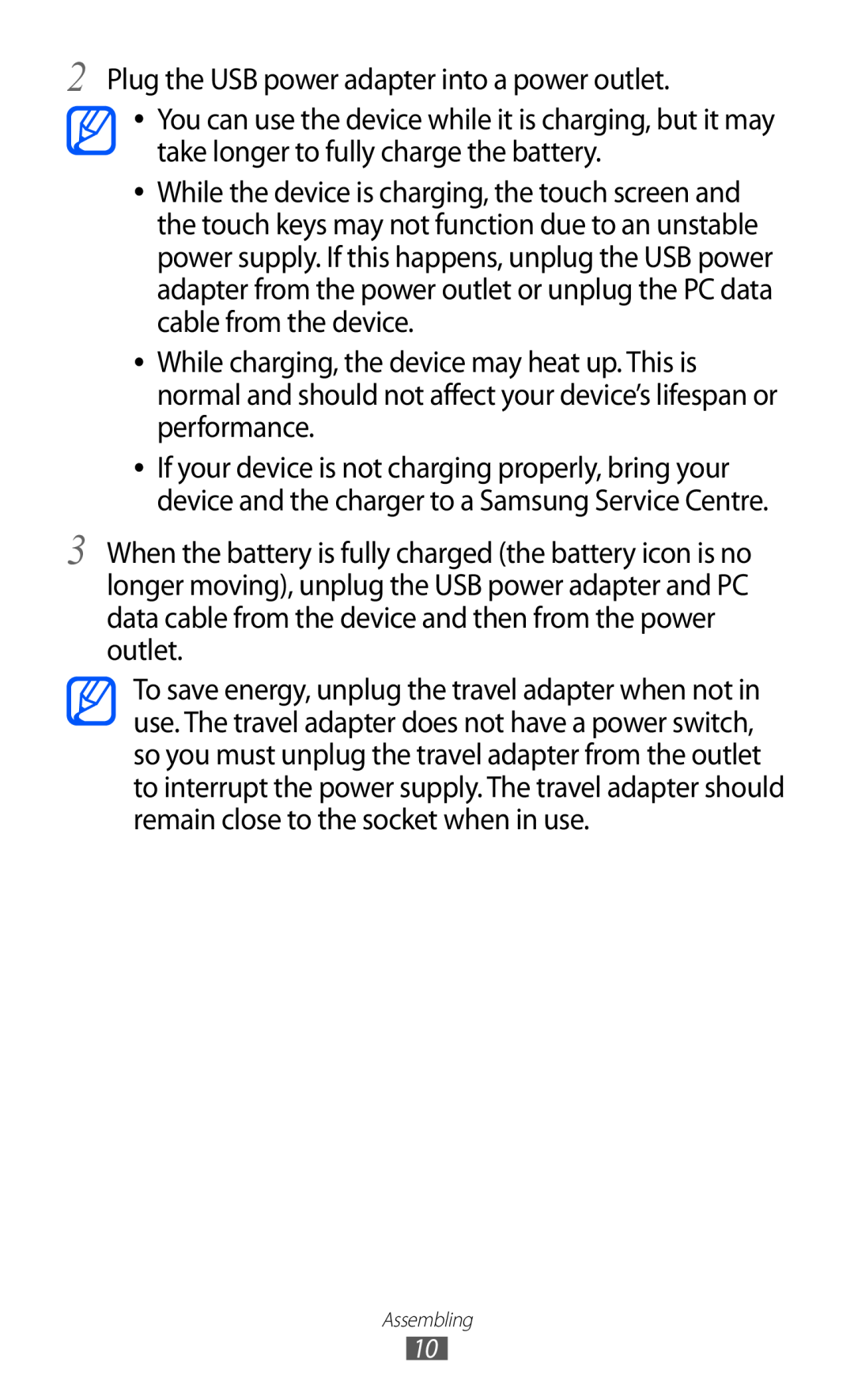 Samsung GT-P7510 user manual Plug the USB power adapter into a power outlet 