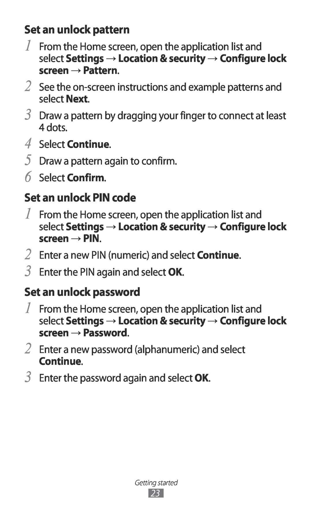 Samsung GT-P7510 user manual Set an unlock pattern, Set an unlock PIN code, Set an unlock password 