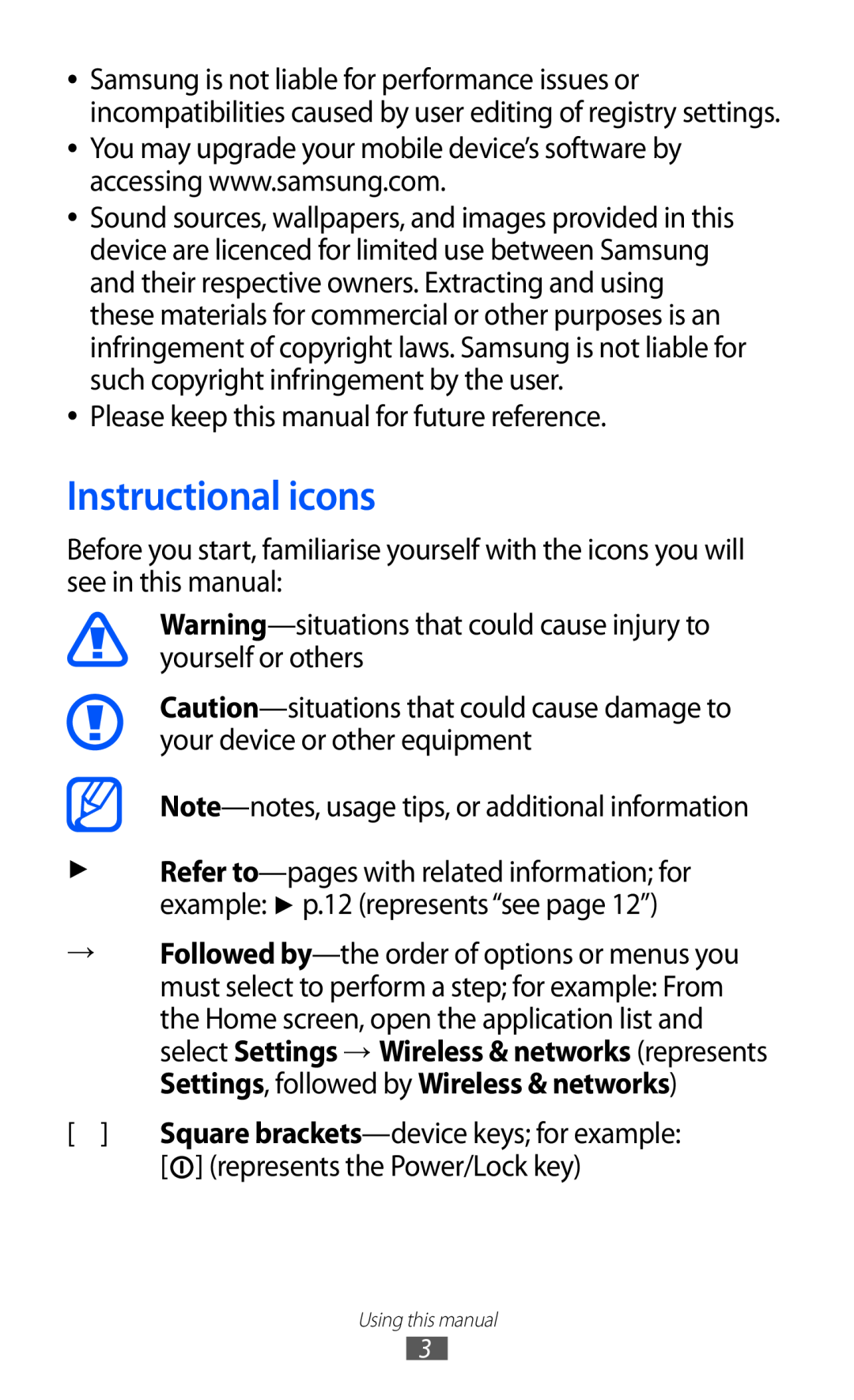 Samsung GT-P7510 user manual Instructional icons 