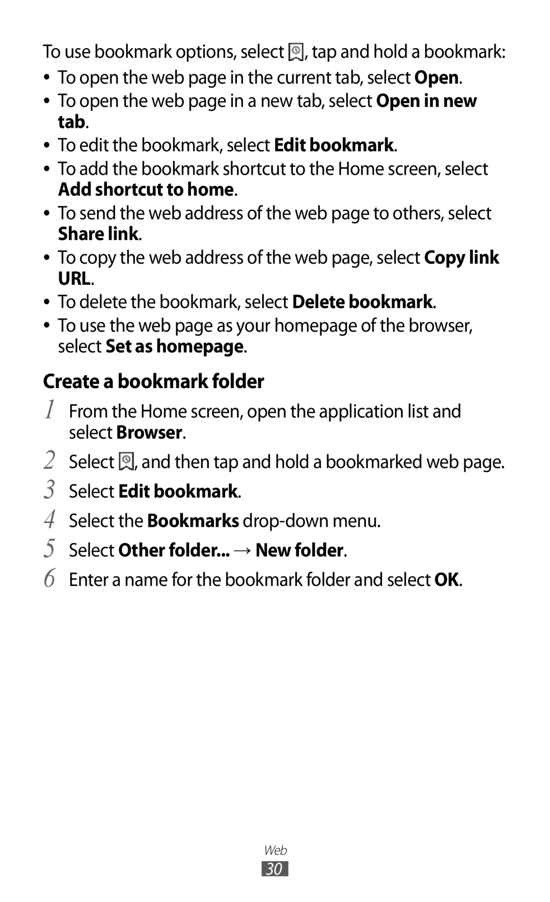 Samsung GT-P7510 user manual Create a bookmark folder, Select Edit bookmark, Select Other folder... → New folder 