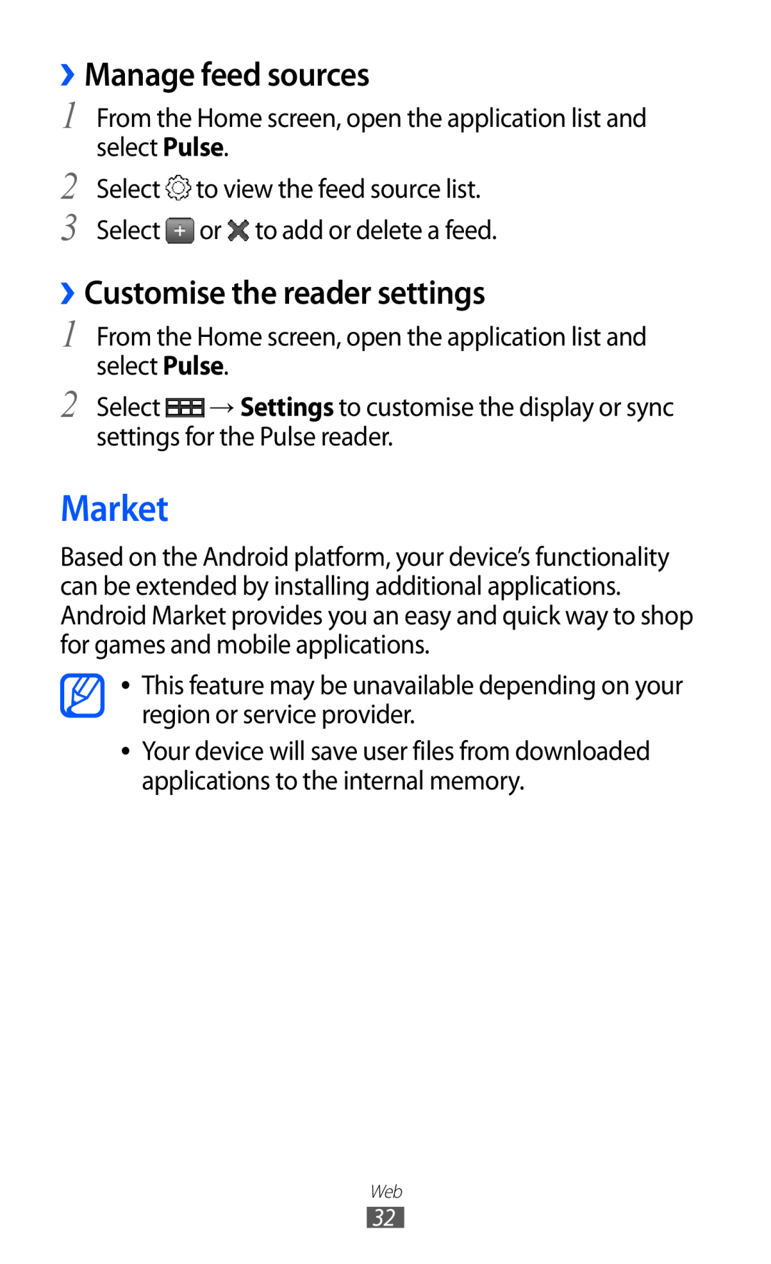 Samsung GT-P7510 user manual Market, ››Manage feed sources, ››Customise the reader settings 