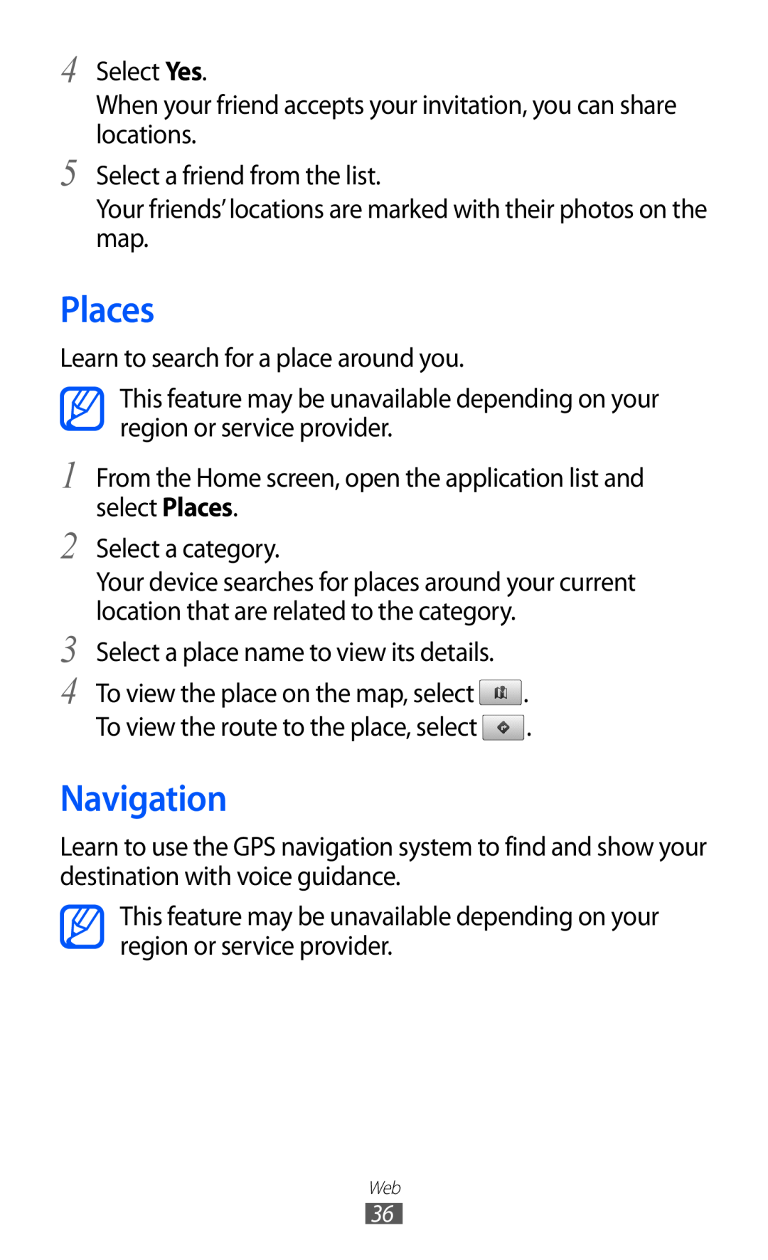 Samsung GT-P7510 user manual Places, Navigation 