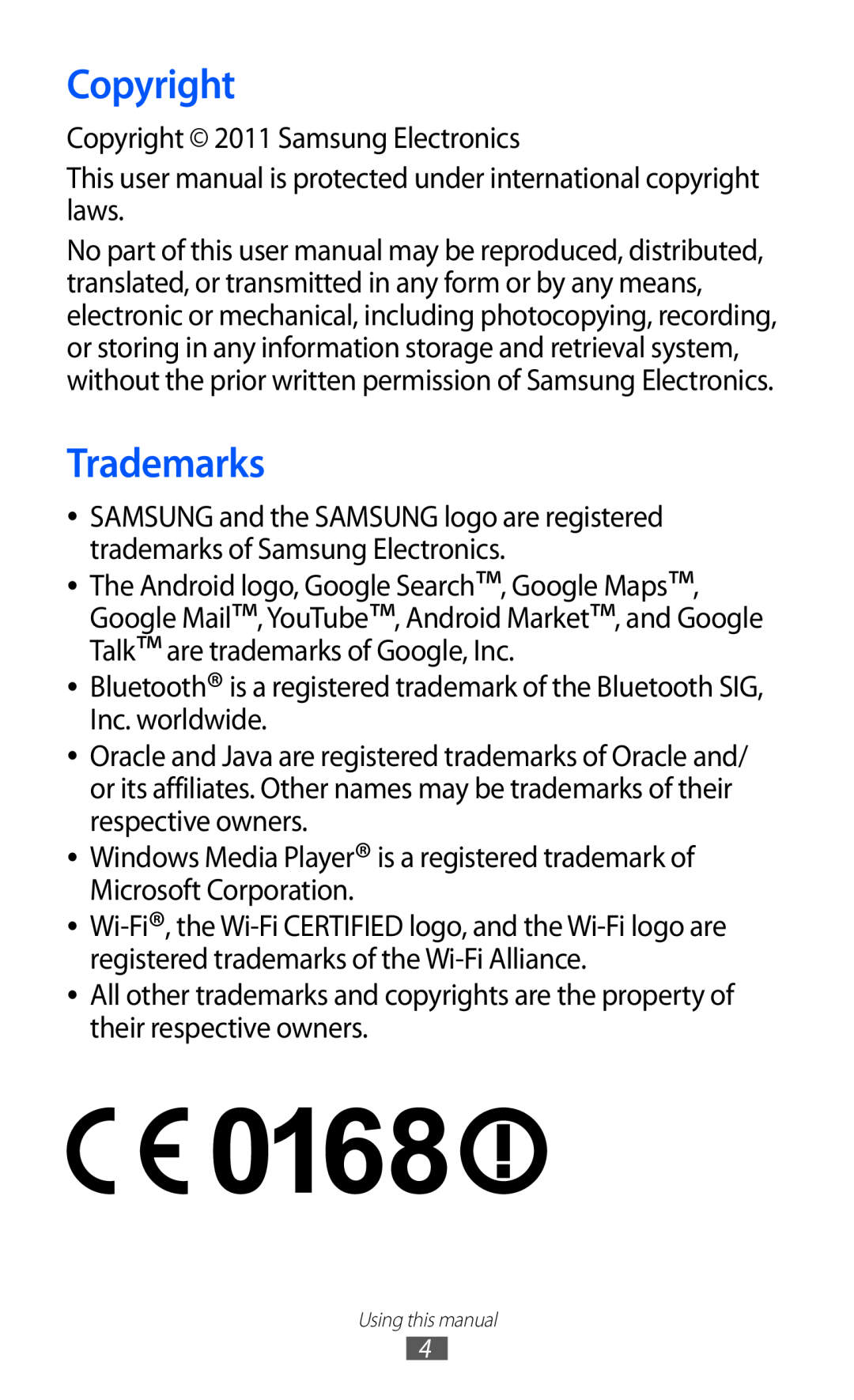 Samsung GT-P7510 user manual Copyright, Trademarks 