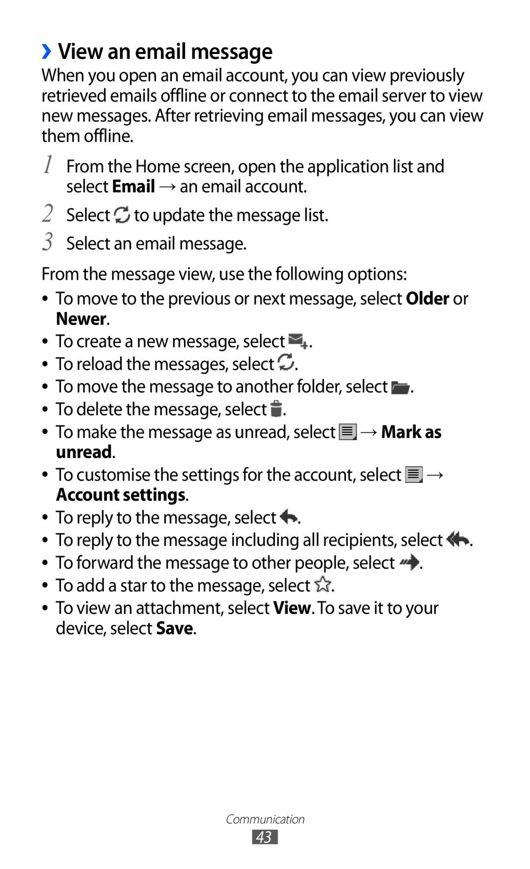 Samsung GT-P7510 user manual ››View an email message, To create a new message, select . To reload the messages, select 