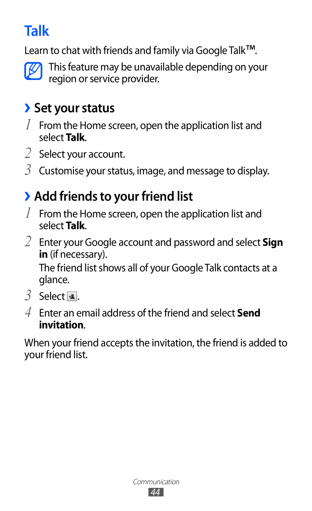 Samsung GT-P7510 user manual Talk, ››Set your status, ››Add friends to your friend list 