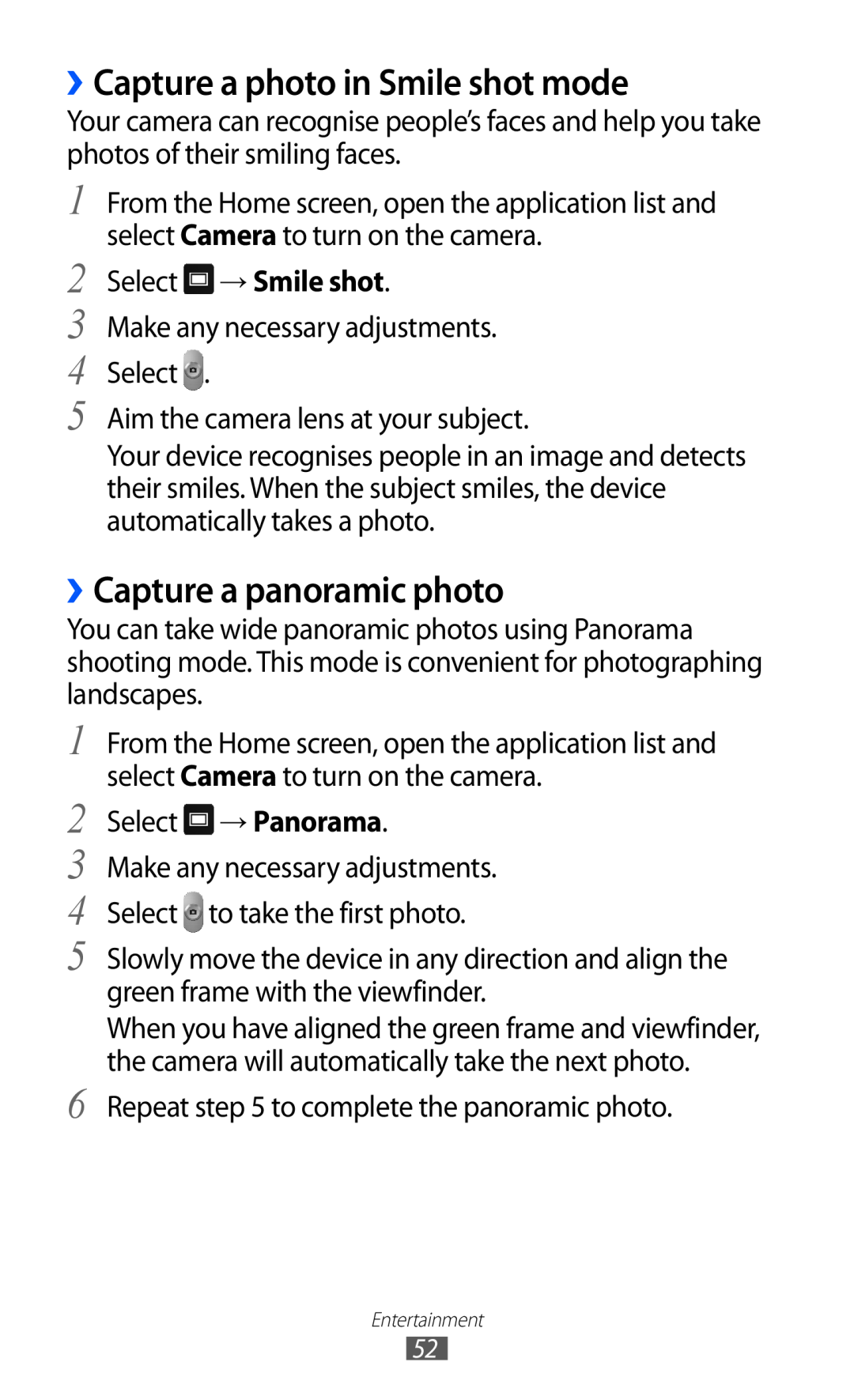 Samsung GT-P7510 user manual ››Capture a photo in Smile shot mode, ››Capture a panoramic photo, Select → Smile shot 