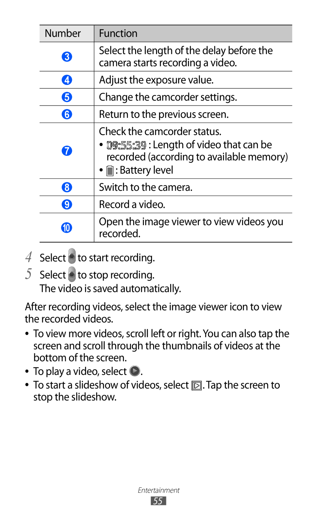 Samsung GT-P7510 user manual Return to the previous screen. Check the camcorder status 