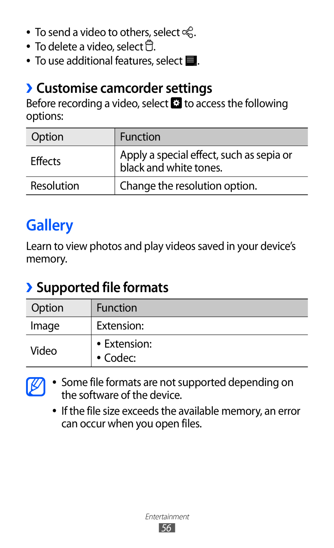 Samsung GT-P7510 user manual Gallery, ››Customise camcorder settings, ››Supported file formats 