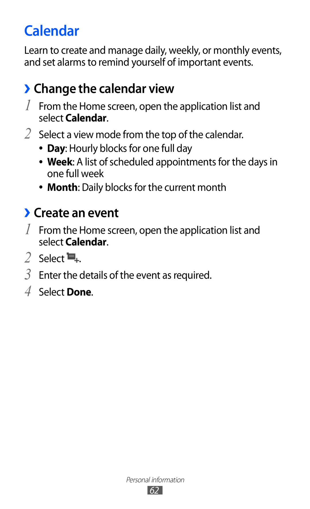 Samsung GT-P7510 user manual Calendar, ››Change the calendar view, ››Create an event 