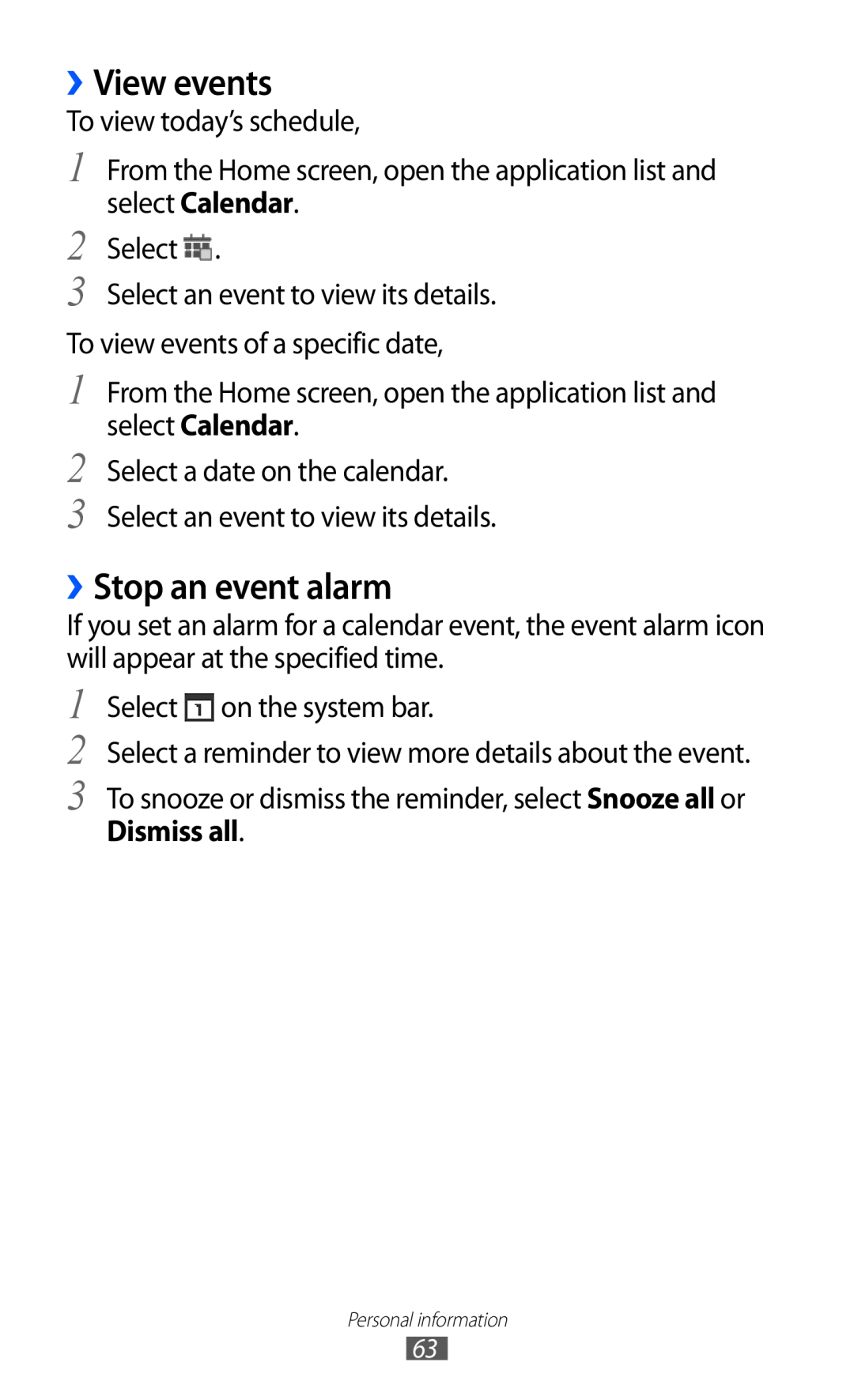 Samsung GT-P7510 user manual ››View events, ››Stop an event alarm, Dismiss all 