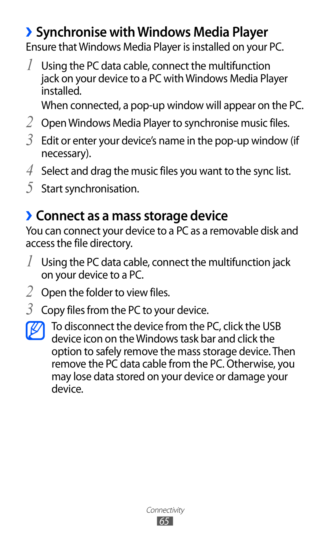 Samsung GT-P7510 user manual ››Synchronise with Windows Media Player, ››Connect as a mass storage device 