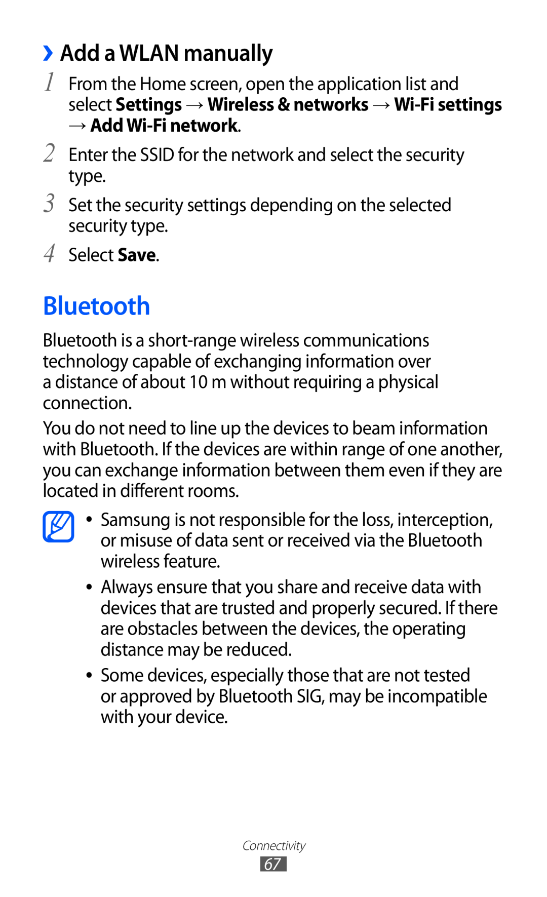 Samsung GT-P7510 user manual Bluetooth, ››Add a WLAN manually, → Add Wi-Fi network 
