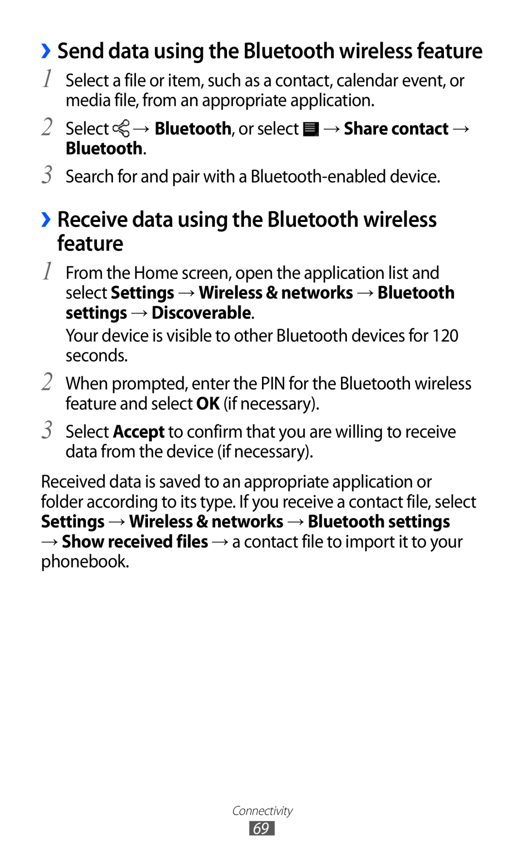 Samsung GT-P7510 ››Receive data using the Bluetooth wireless feature, ››Send data using the Bluetooth wireless feature 