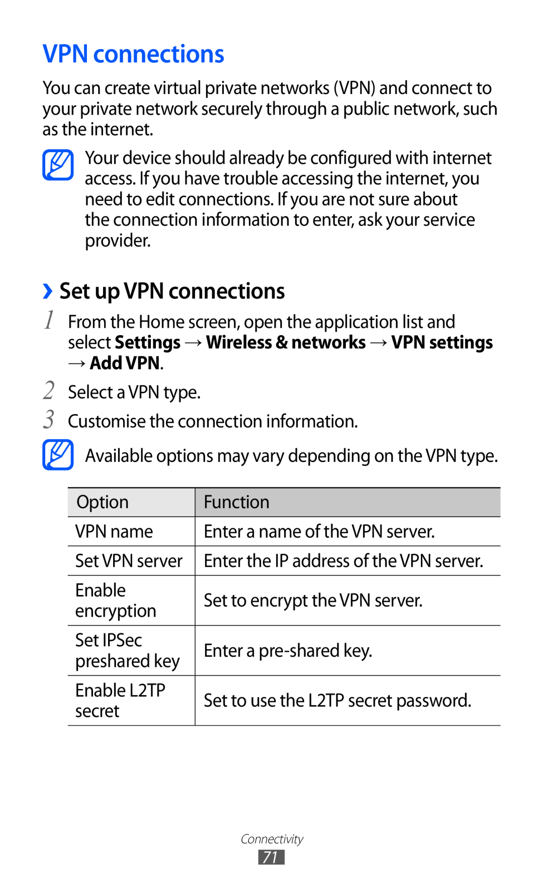 Samsung GT-P7510 user manual ››Set up VPN connections, → Add VPN 