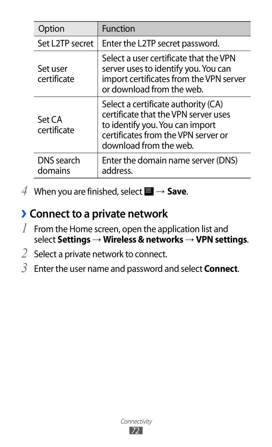 Samsung GT-P7510 ››Connect to a private network, Select a user certificate that the VPN, Enter the domain name server DNS 