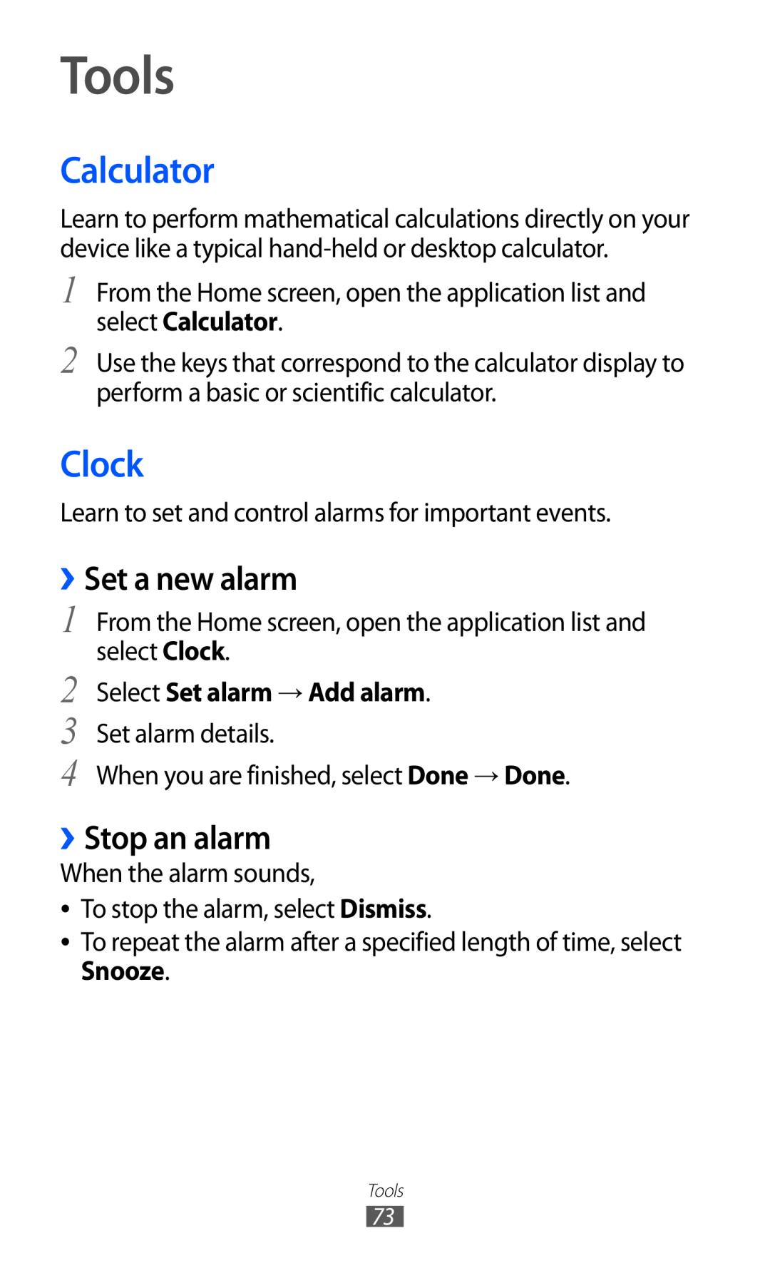 Samsung GT-P7510 user manual Tools, Calculator, Clock, ››Set a new alarm, ››Stop an alarm, Select Set alarm → Add alarm 