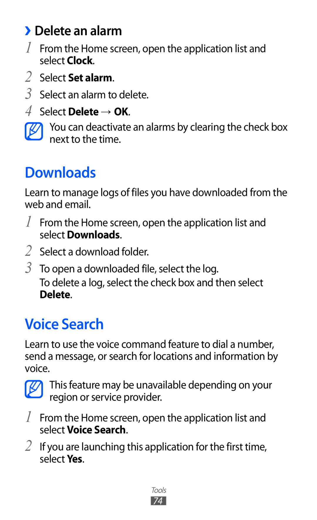 Samsung GT-P7510 user manual Downloads, Voice Search, ››Delete an alarm, Select Set alarm, Select Delete → OK 