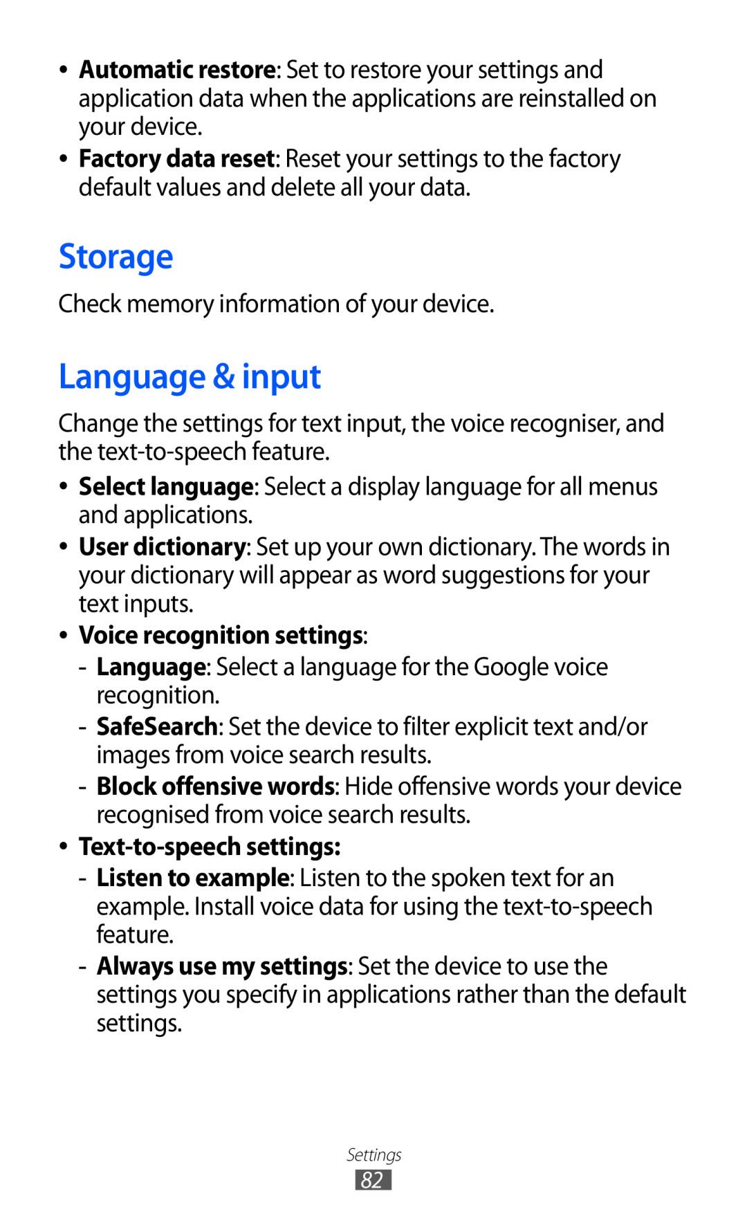 Samsung GT-P7510 user manual Storage, Language & input, Voice recognition settings, Text-to-speech settings 