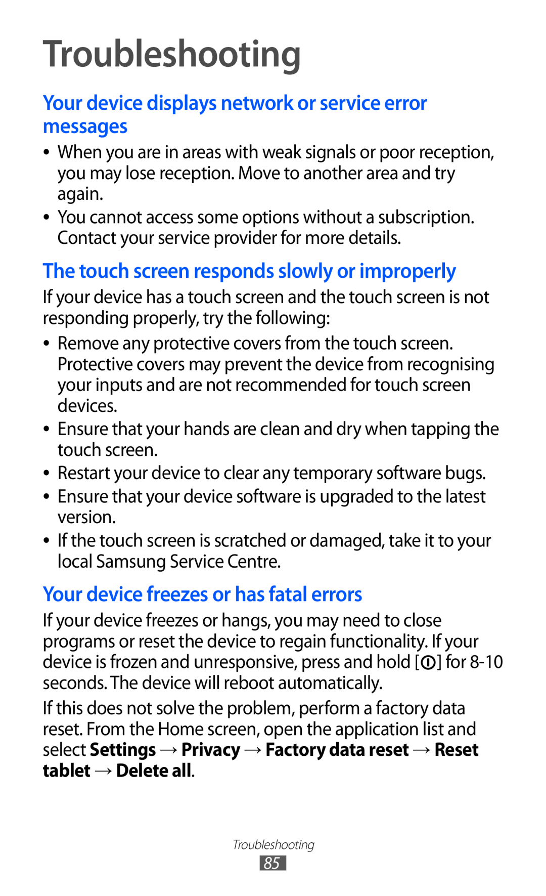 Samsung GT-P7510 user manual Troubleshooting, Your device displays network or service error messages 