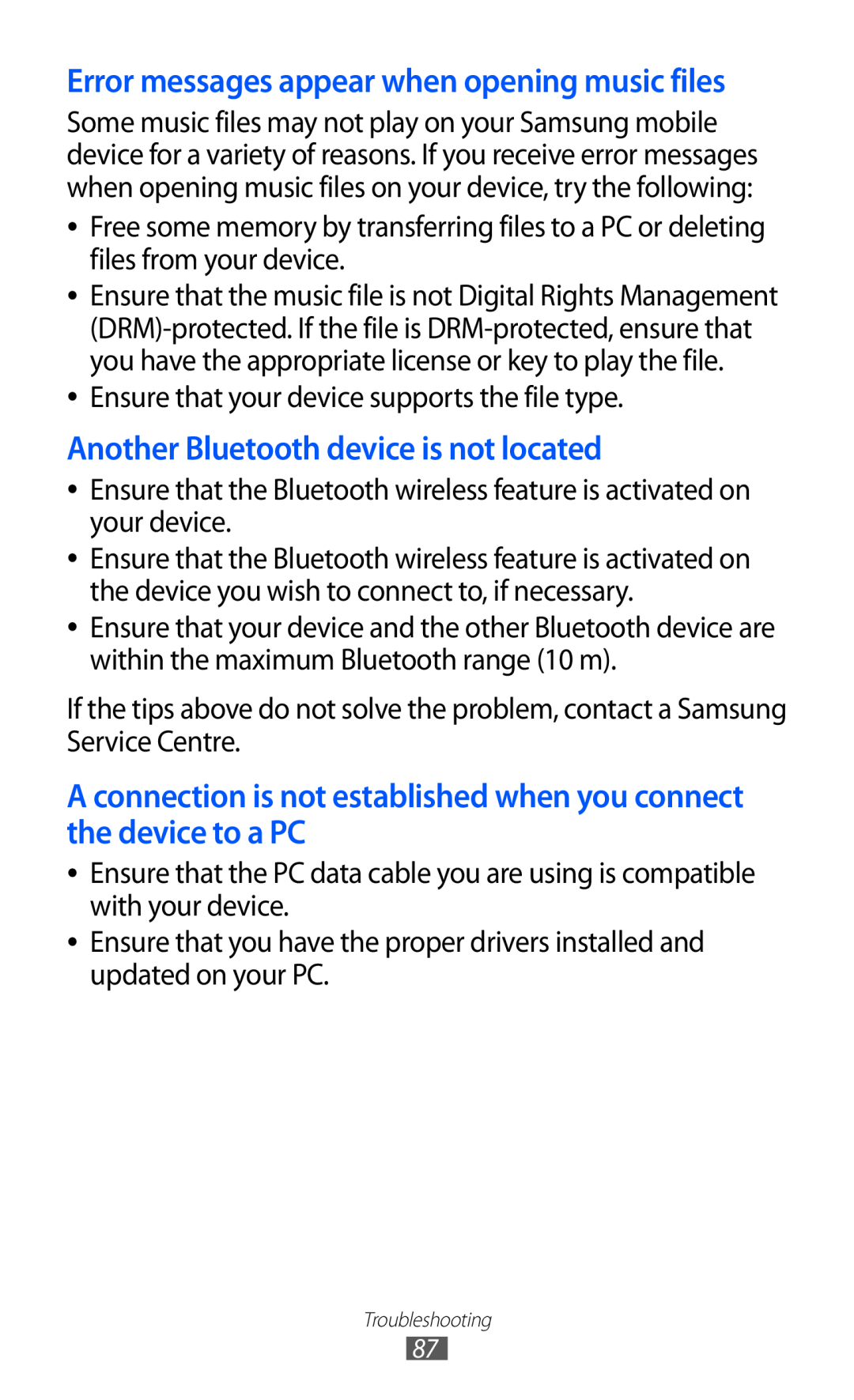 Samsung GT-P7510 user manual Another Bluetooth device is not located, Error messages appear when opening music files 