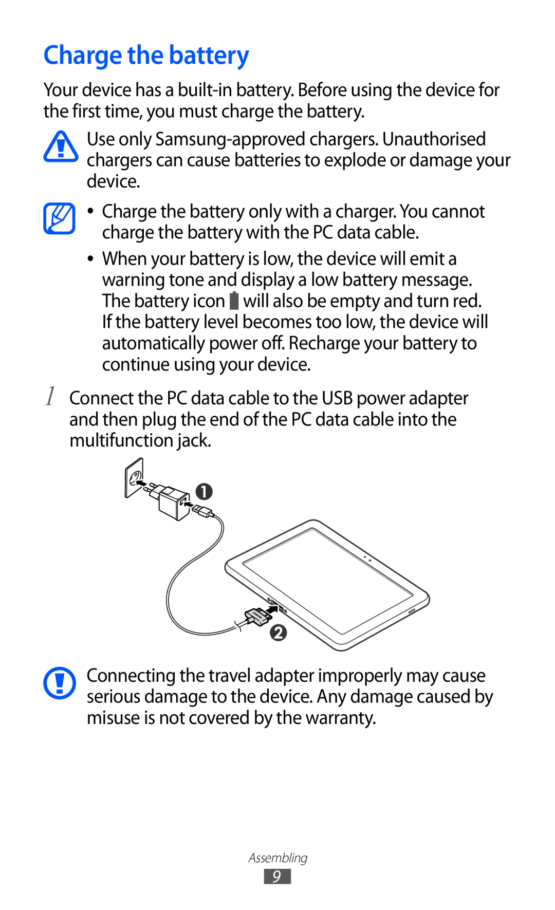 Samsung GT-P7510 user manual Charge the battery 