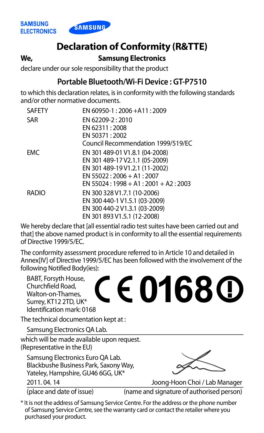 Samsung user manual Declaration of Conformity R&TTE, Portable Bluetooth/Wi-Fi Device GT-P7510 