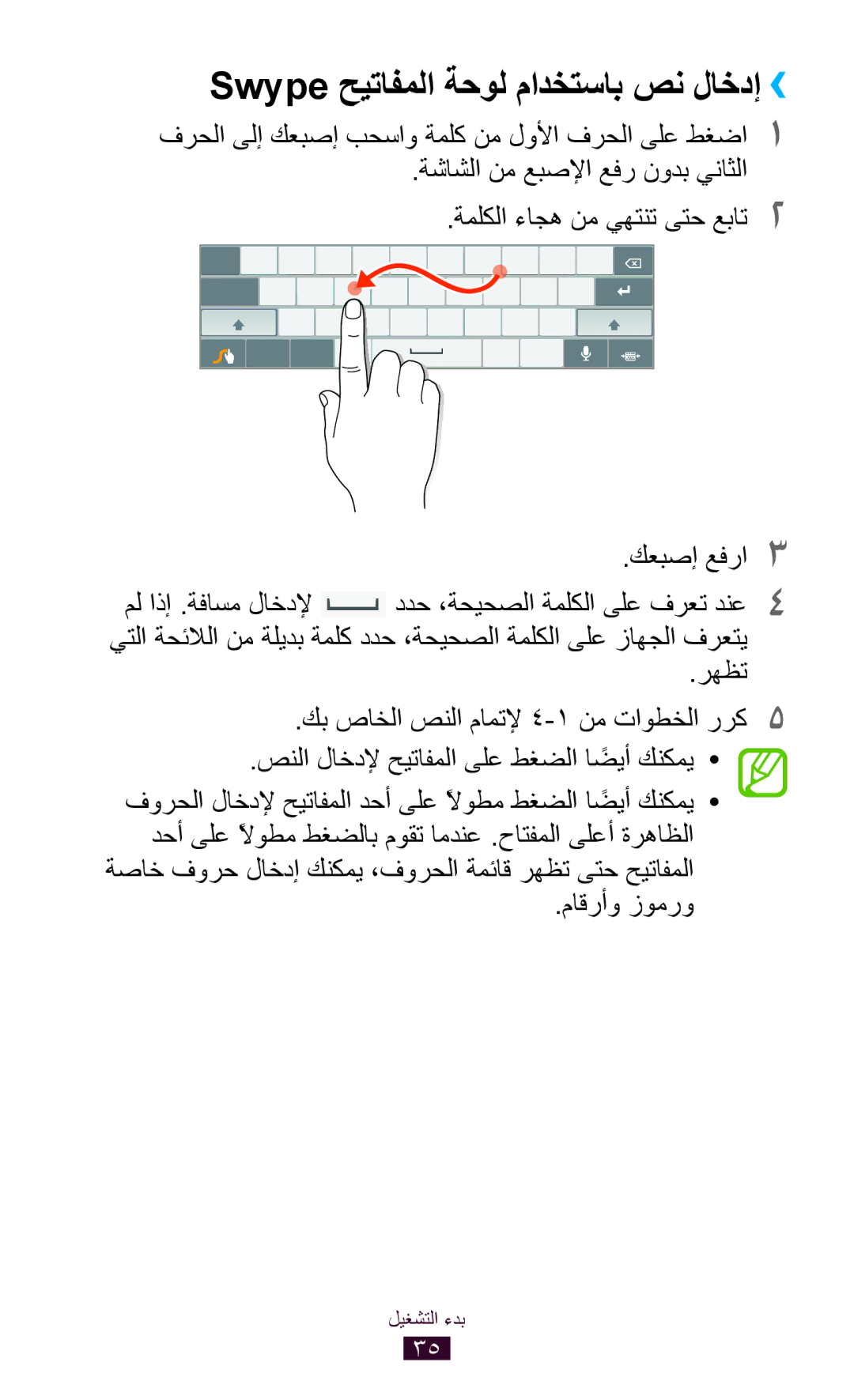 Samsung GT-P7510FKDHAJ manual Swype حيتافملا ةحول مادختساب صن لاخدإ››, رهظت, ةشاشلا نم عبصلإا عفر نودب يناثلا, كعبصإ عفرا3 