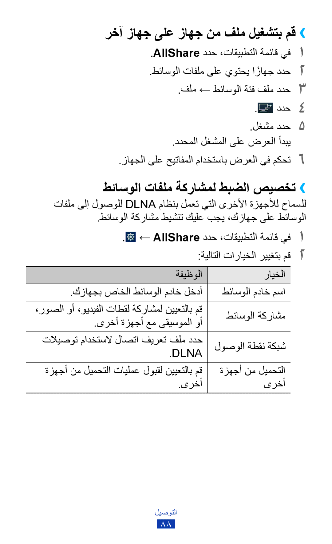 Samsung GT-P7510FKDKSA, GT-P7510FKDTMC manual رخآ زاهج ىلع زاهج نم فلم ليغشتب مق››, طئاسولا تافلم ةكراشمل طبضلا صيصخت›› 