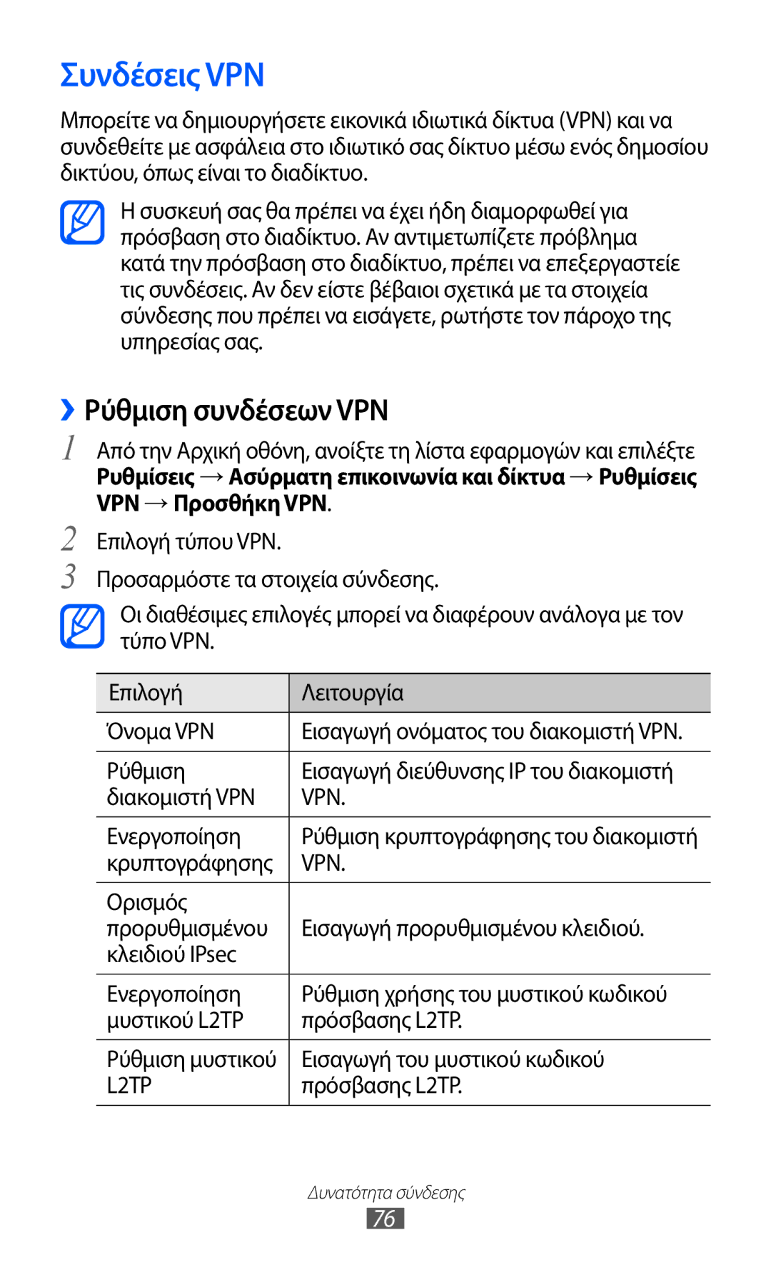 Samsung GT-P7510UWDEUR, GT-P7510FKDEUR manual Συνδέσεις VPN, ››Ρύθμιση συνδέσεων VPN 