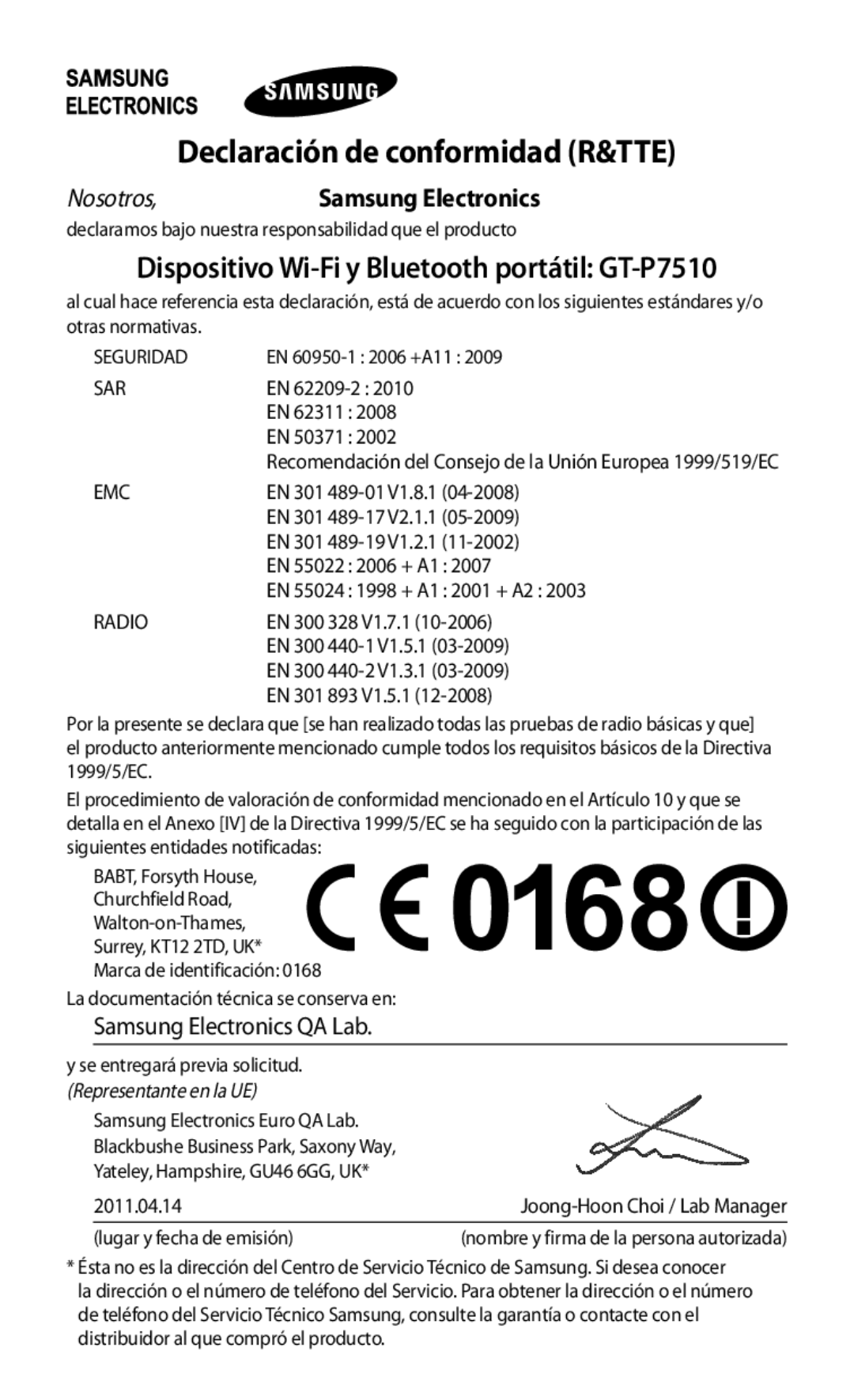 Samsung GT-P7510FKDFOP, GT-P7510UWDFOP Declaración de conformidad R&TTE, Dispositivo Wi-Fi y Bluetooth portátil GT-P7510 