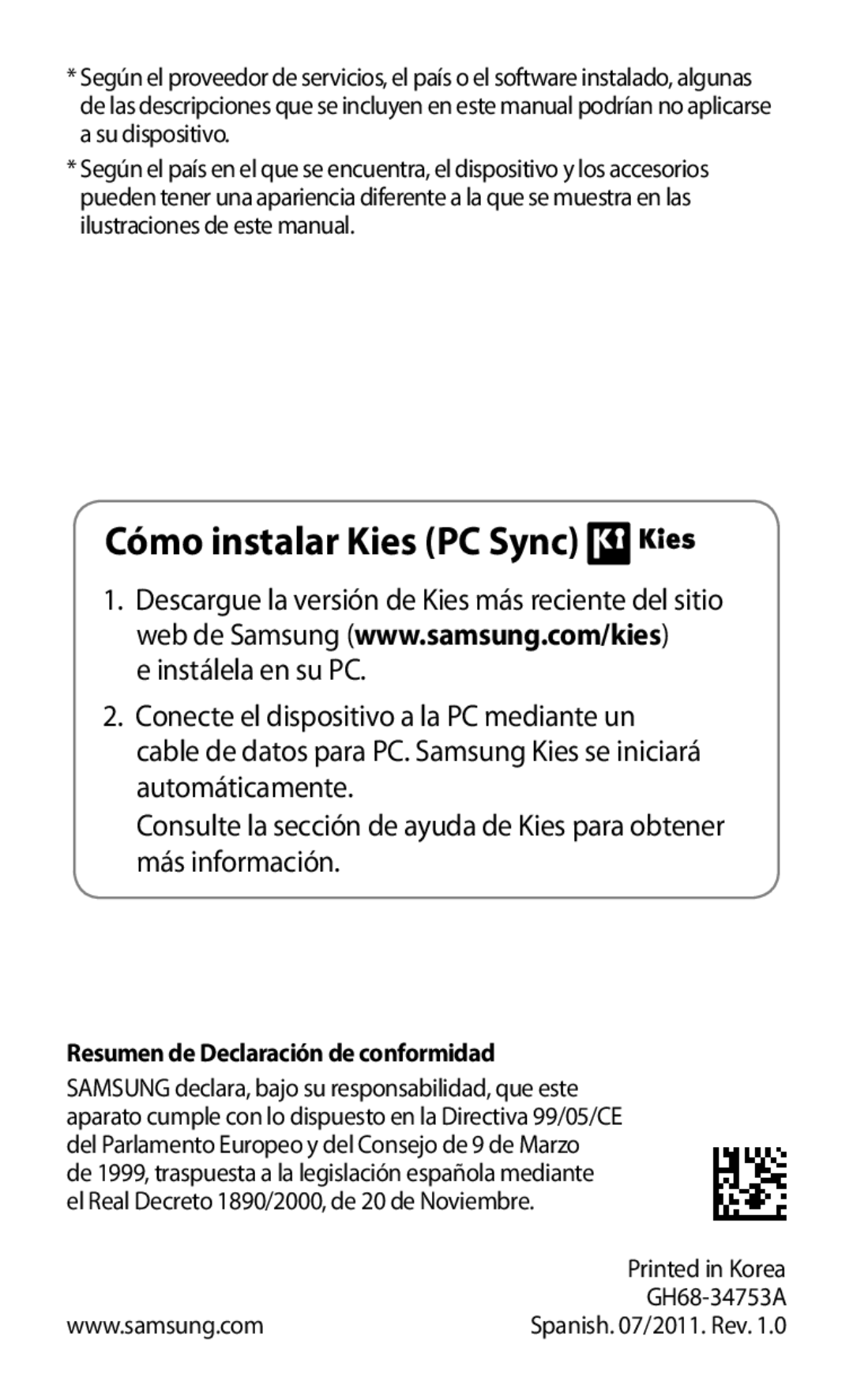 Samsung GT-P7510UWDFOP, GT-P7510FKDFOP manual Instálela en su PC, Resumen de Declaración de conformidad 