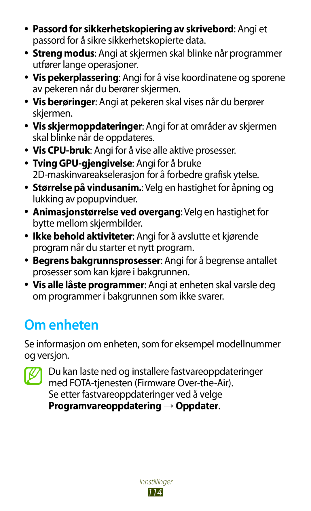 Samsung GT-P7510ZWDNEE manual Om enheten, Se etter fastvareoppdateringer ved å velge, Programvareoppdatering → Oppdater 