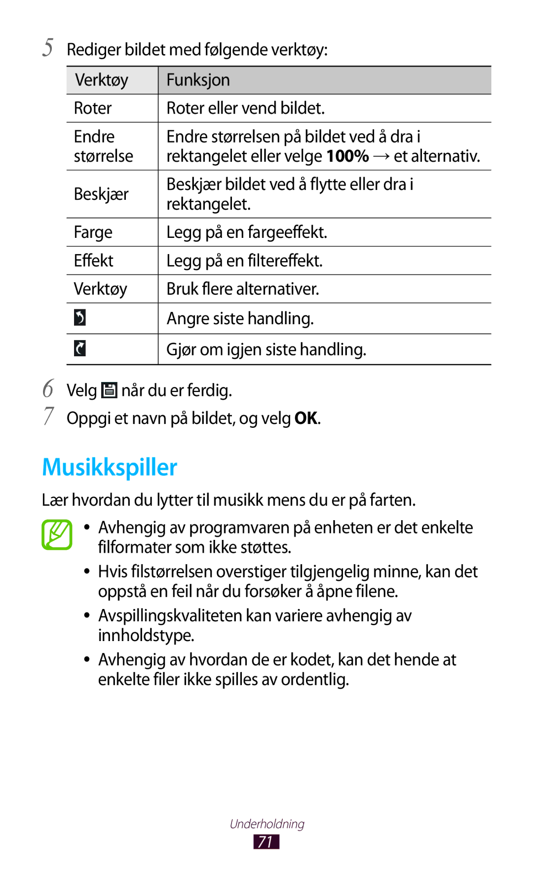 Samsung GT-P7510UWENEE, GT-P7510UWDNEE, GT-P7510ZWDNEE, GT-P7510FKENEE, GT-P7510UWANEE, GT-P7510FKANEE manual Musikkspiller 